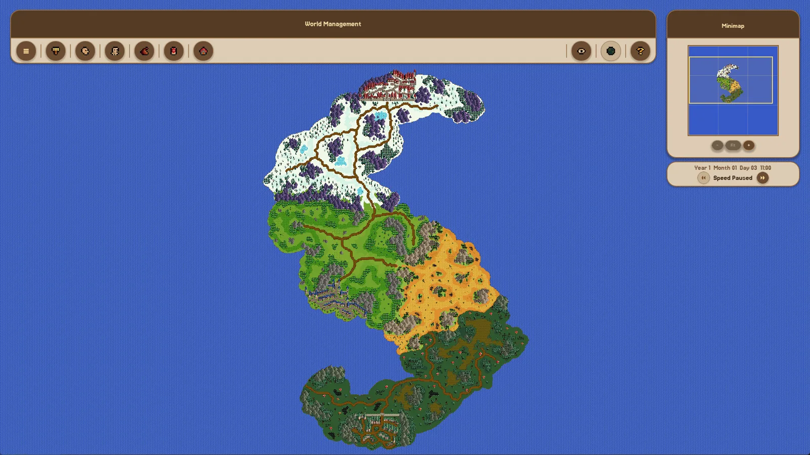 Stylised map tile grid with a coastline, pine trees and a small walled town